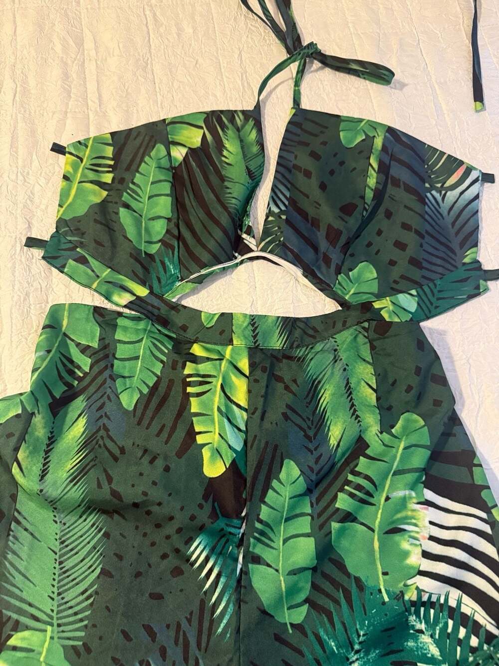 Tropical Leaf Print Halter Cutout Wide Leg Jumpsuit‎